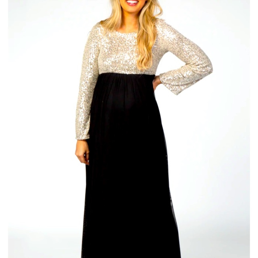 PinkBlush Gold Sequin Bodice Tulle Maternity Maxi Dress, size S